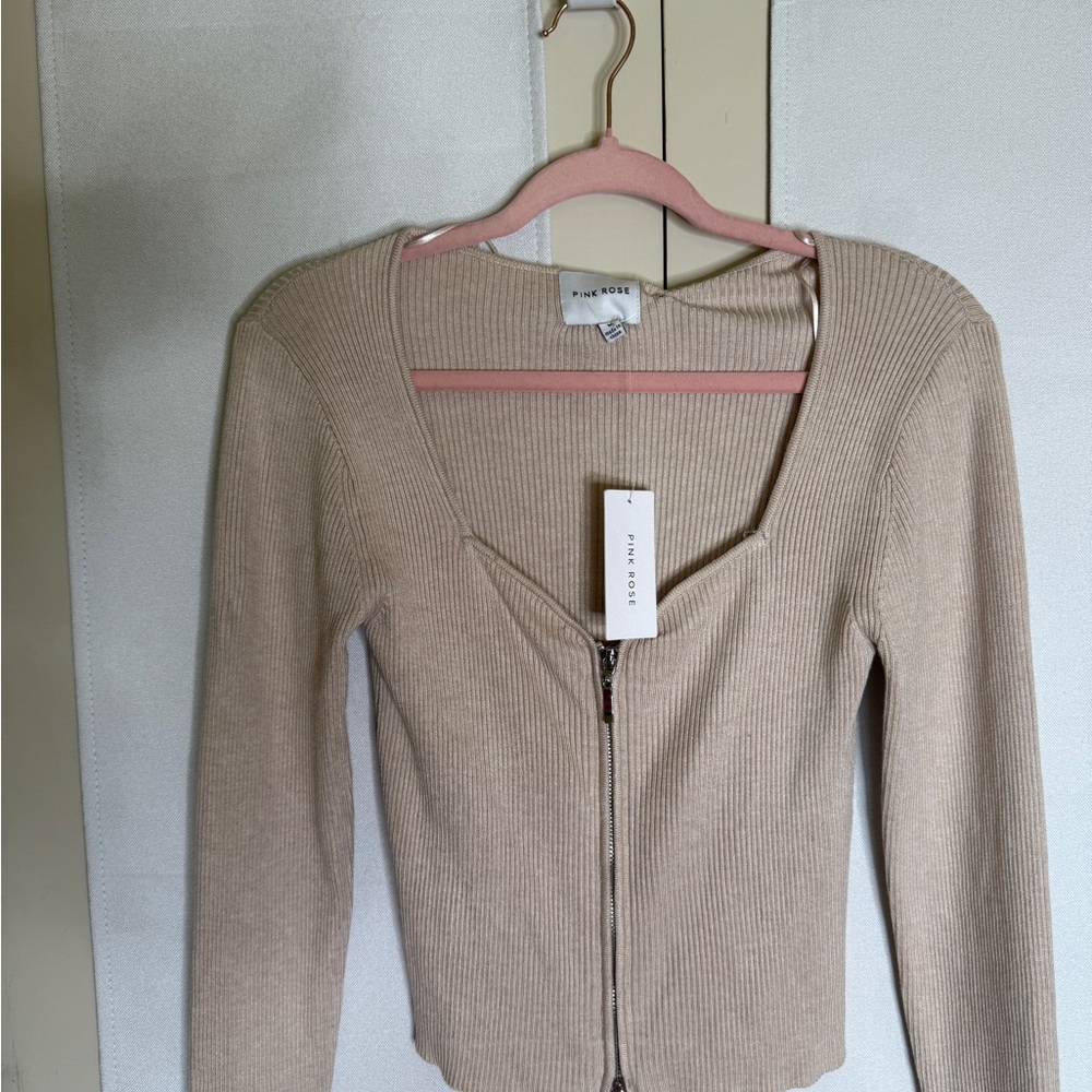 Pink Rose Beige Ribbed Cardigan